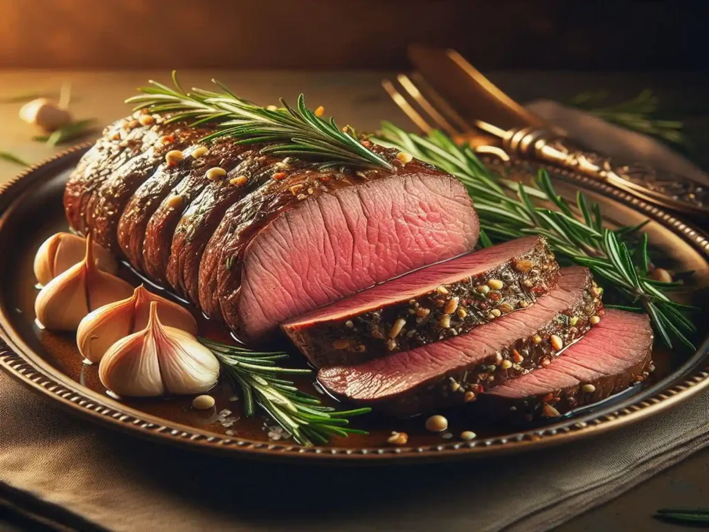 Close-up of a sliced, cooked Garlic Rosemary Beef Tenderloin garnished with fresh rosemary on a stylish platter.