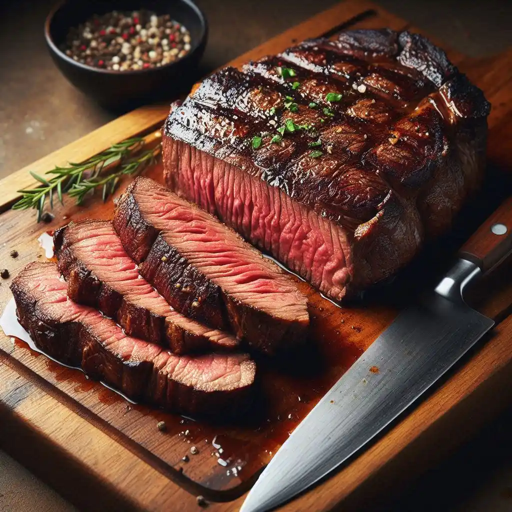 Grilled steak on a cutting board resting before being sliced into thin 1/4 inch slices.