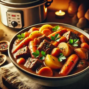 Close-up of a rich Slow Cooker Beef Stew with tender beef, carrots, and potatoes.