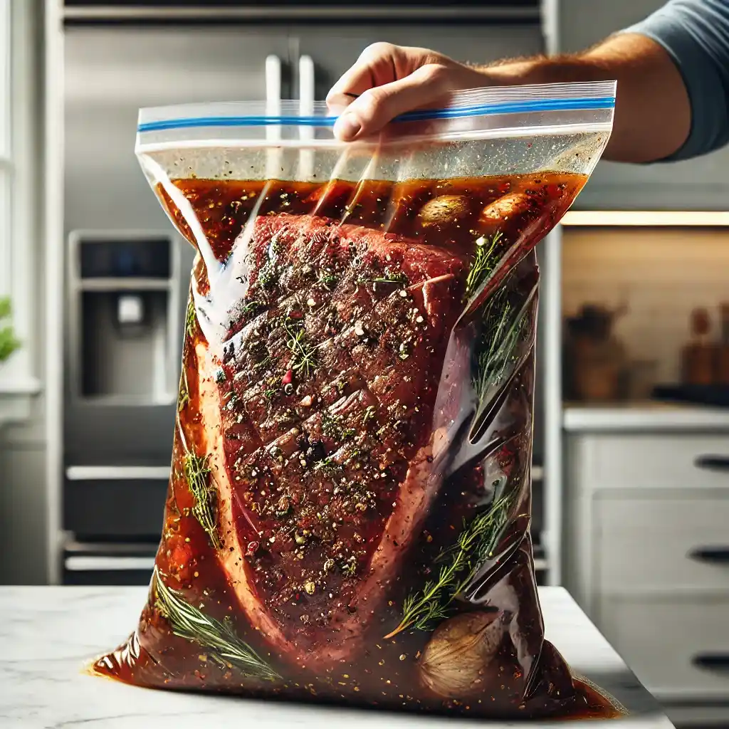 Close-up of a marinated flank steak sealed in a resealable bag, placed on a kitchen countertop.