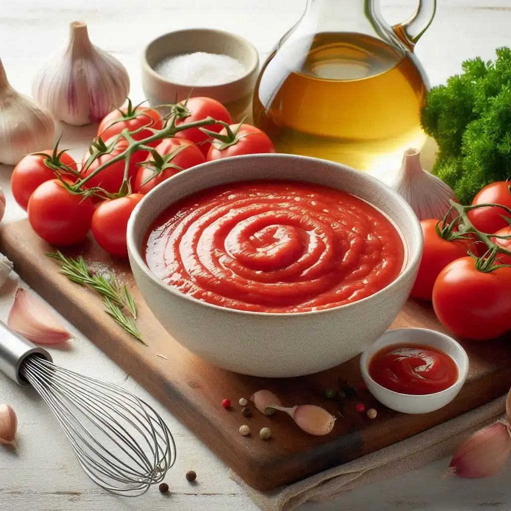 A medium bowl with a vibrant mixture of tomato paste, white wine, and chicken broth, accompanied by a whisk, showcasing the cooking process.