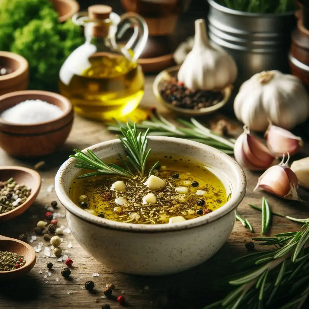 A small bowl with a mix of olive oil, minced garlic, chopped rosemary, salt, and black pepper on a rustic kitchen counter.