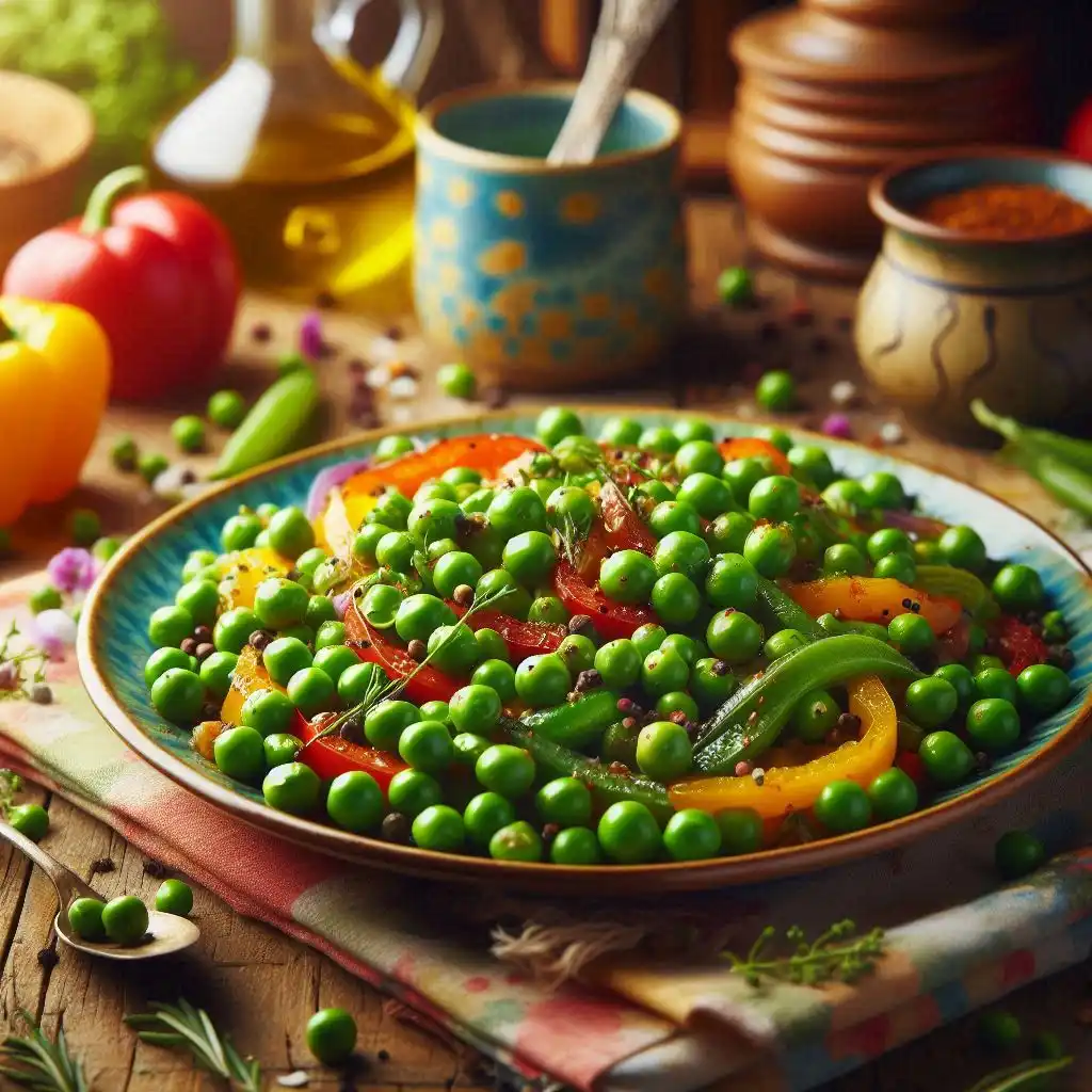 A vibrant dish featuring fresh peas in a savory mixture on a rustic wooden table.