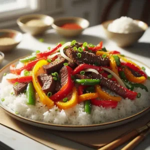 Pepper steak with bell peppers and rice