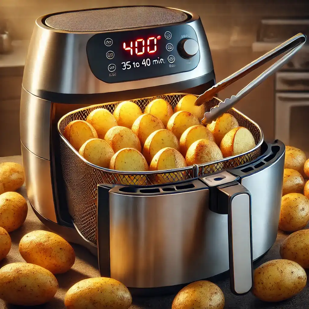 Golden-brown potatoes arranged in a single layer in an air fryer basket, cooking at 400°F.