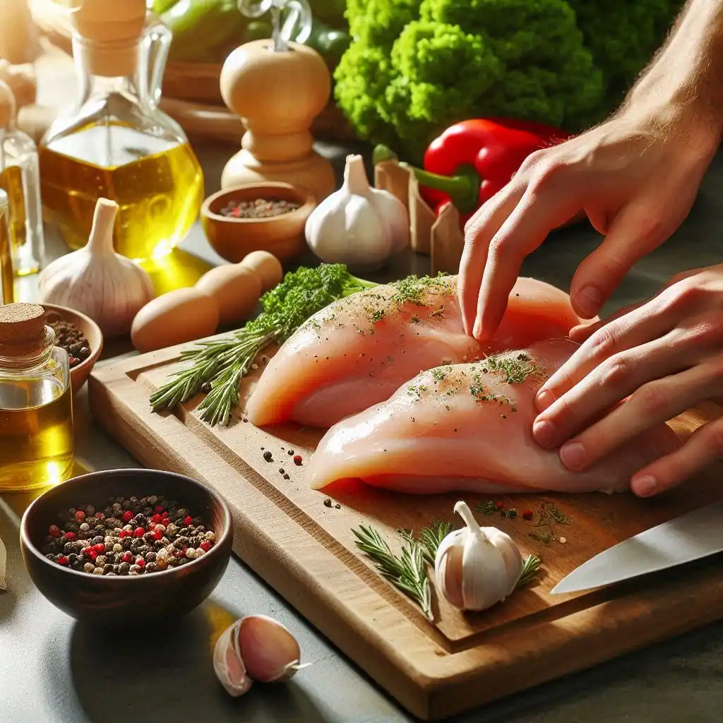 A meat mallet is being used to pound the thicker end of a chicken breast on a cutting board, demonstrating the preparation technique for even cooking.