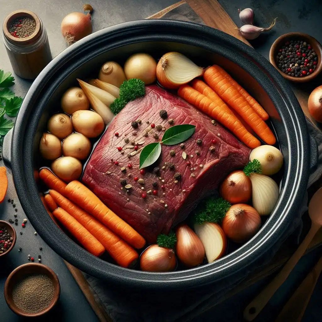 In a 5-6 qt crock pot, place the brisket, carrots, parsnips, pearl onions, parsley, bay leaves, peppercorns, and 3 cups of water.