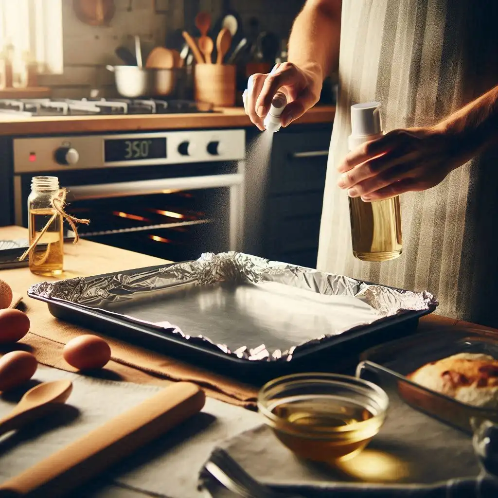 A kitchen counter with a baking sheet lined with foil and lightly sprayed with oil, ready for baking at 375°F.