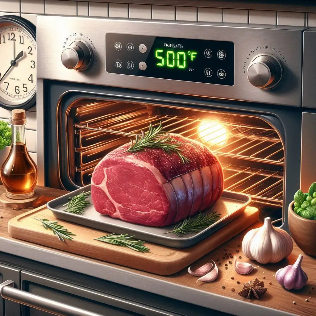 A kitchen scene with an oven preheating to 500°F and a raw beef roast resting at room temperature on the countertop, surrounded by garlic, rosemary, and olive oil.