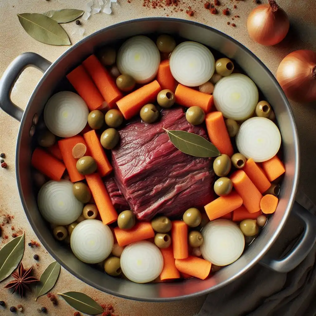  A pot filled with beef nestled among sliced onions, carrots, olives, and bay leaves, showcasing the preparation for Ropa Vieja.