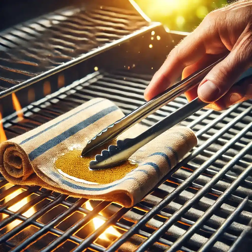 A folded paper towel dipped in oil being rubbed on the hot grill grates to prepare for cooking.