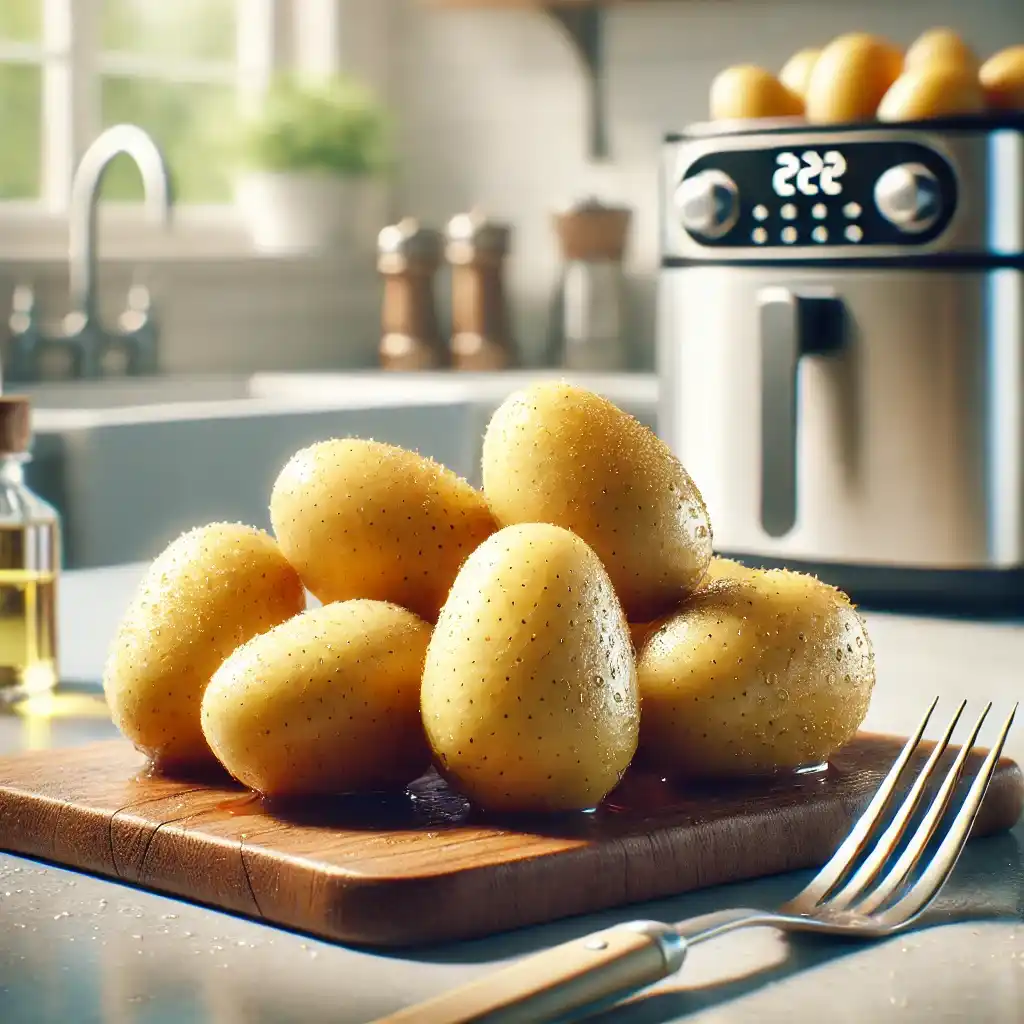 Clean, pierced potatoes ready for cooking on a kitchen countertop with a fork nearby.