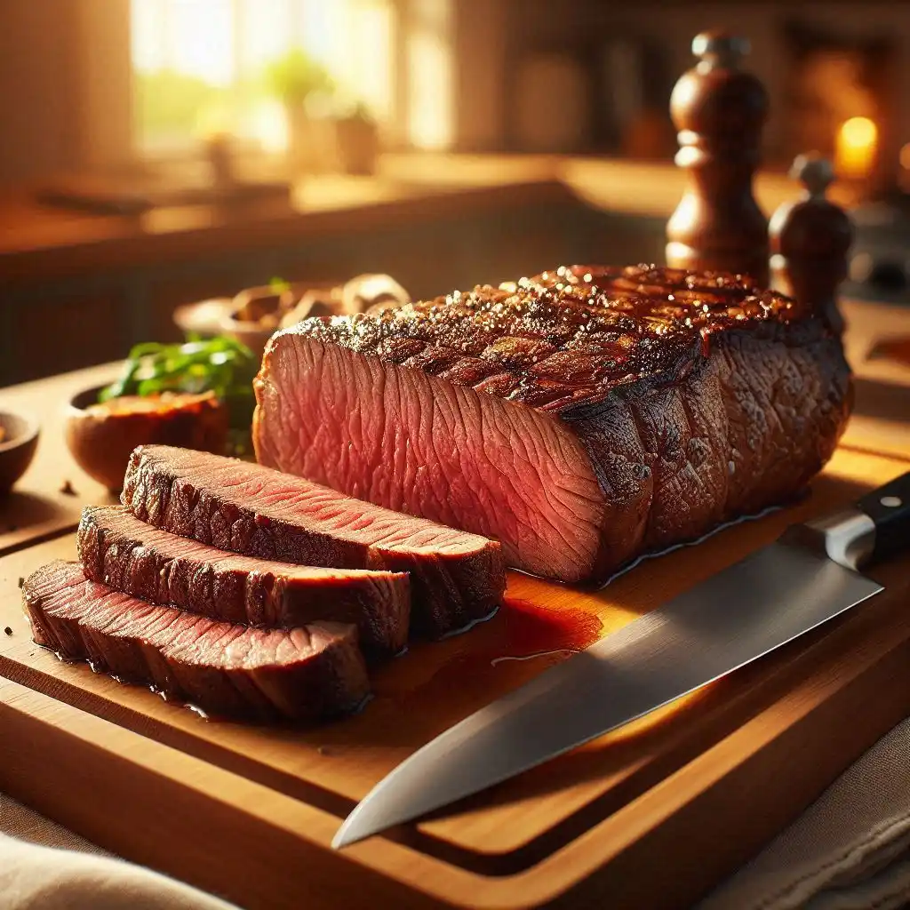 A perfectly cooked steak resting on a wooden cutting board, sliced thinly with a knife nearby.