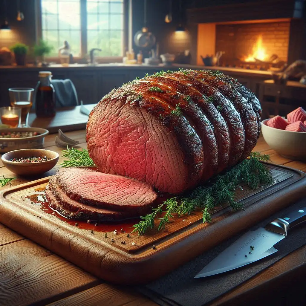 Whole roast beef resting on a cutting board with herbs, ready to be sliced.