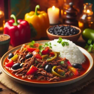 A vibrant plate of Ropa Vieja featuring shredded beef in tomato sauce, served with rice and black beans.