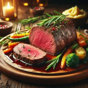 Sliced Rosemary Beef Tenderloin on a wooden board