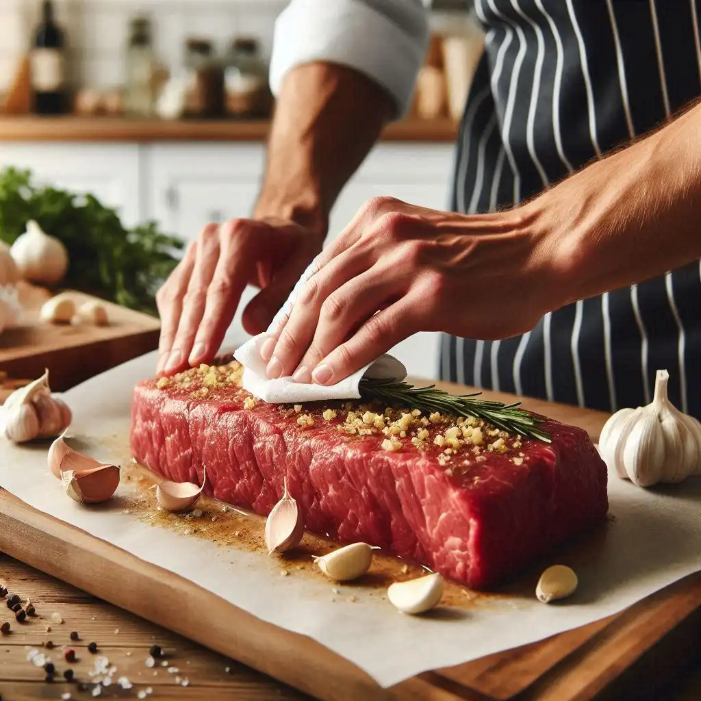 A chef patting a beef tenderloin dry and rubbing a garlic and rosemary mixture all over it in a cozy kitchen.