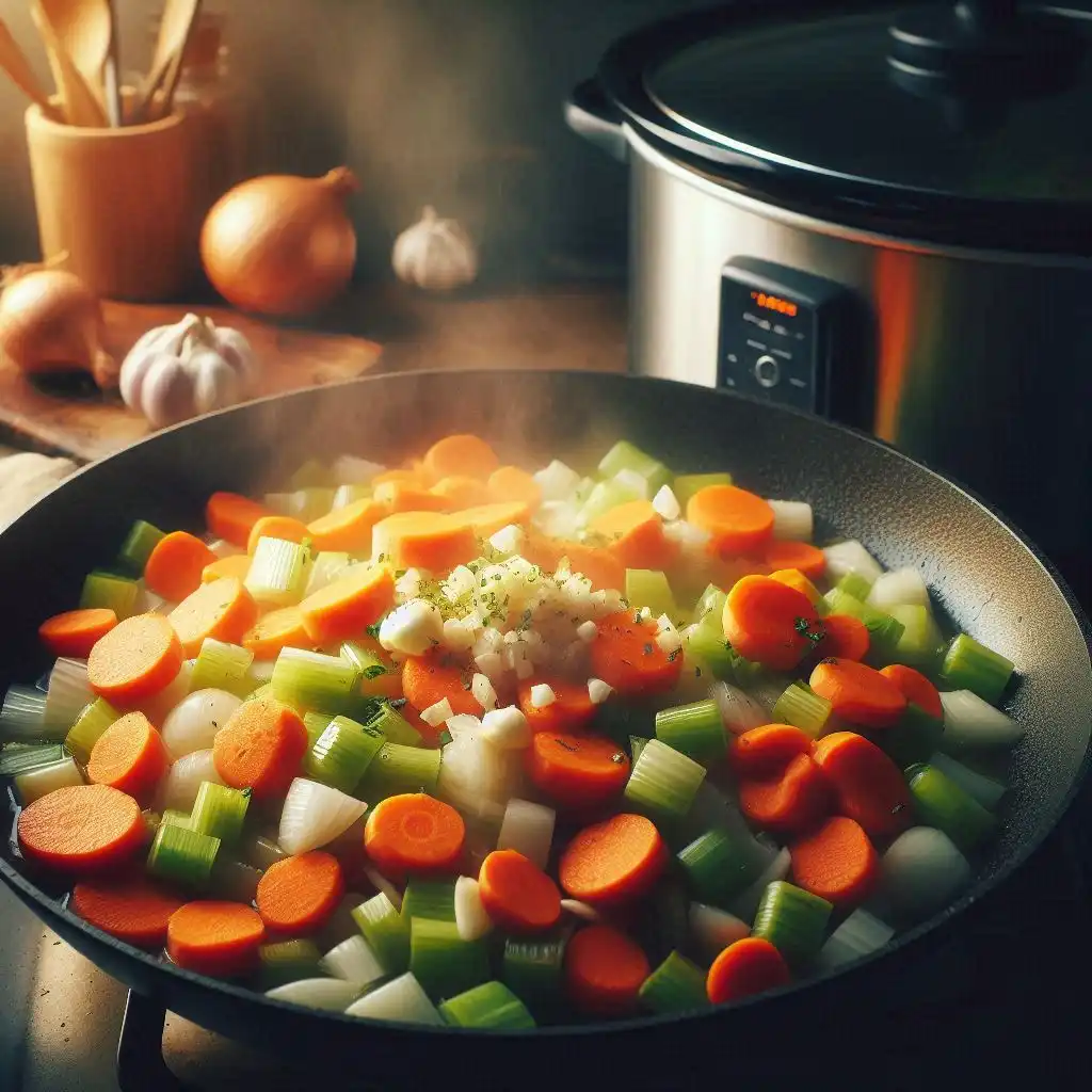 Carrots, celery, onions, and garlic browning in a skillet, ready to transfer to the slow cooker.