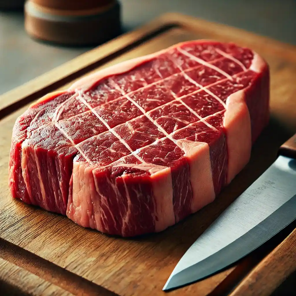  A close-up image of a raw steak with a crisscross scoring pattern, cut 1/8 inch deep at 1/2-inch intervals, placed on a wooden cutting board next to a sharp knife.