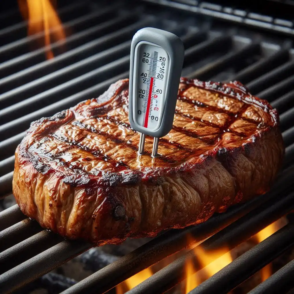 A steak being grilled to medium-rare with a meat thermometer showing 125°F.