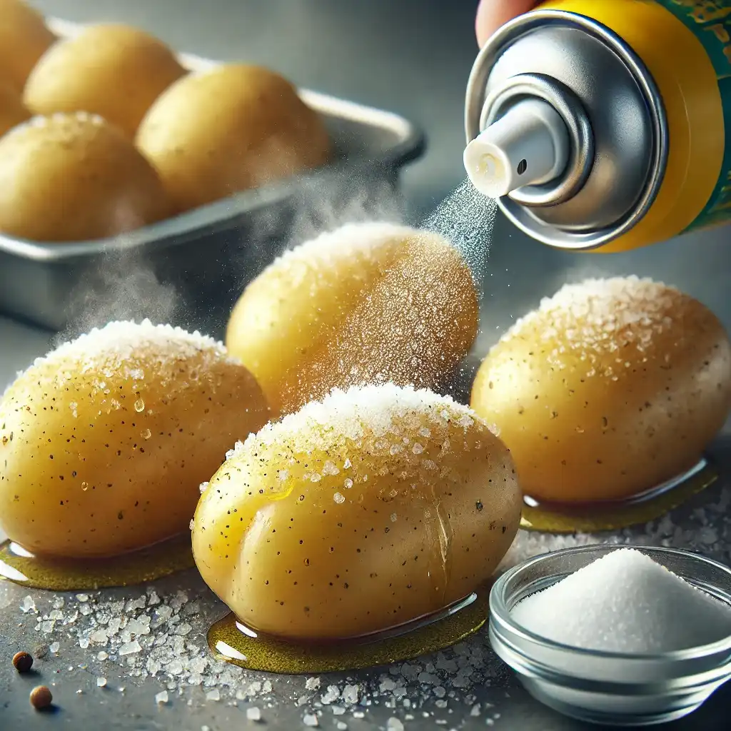 Close-up of four potatoes being seasoned with olive oil spray and salt, ready for air frying.