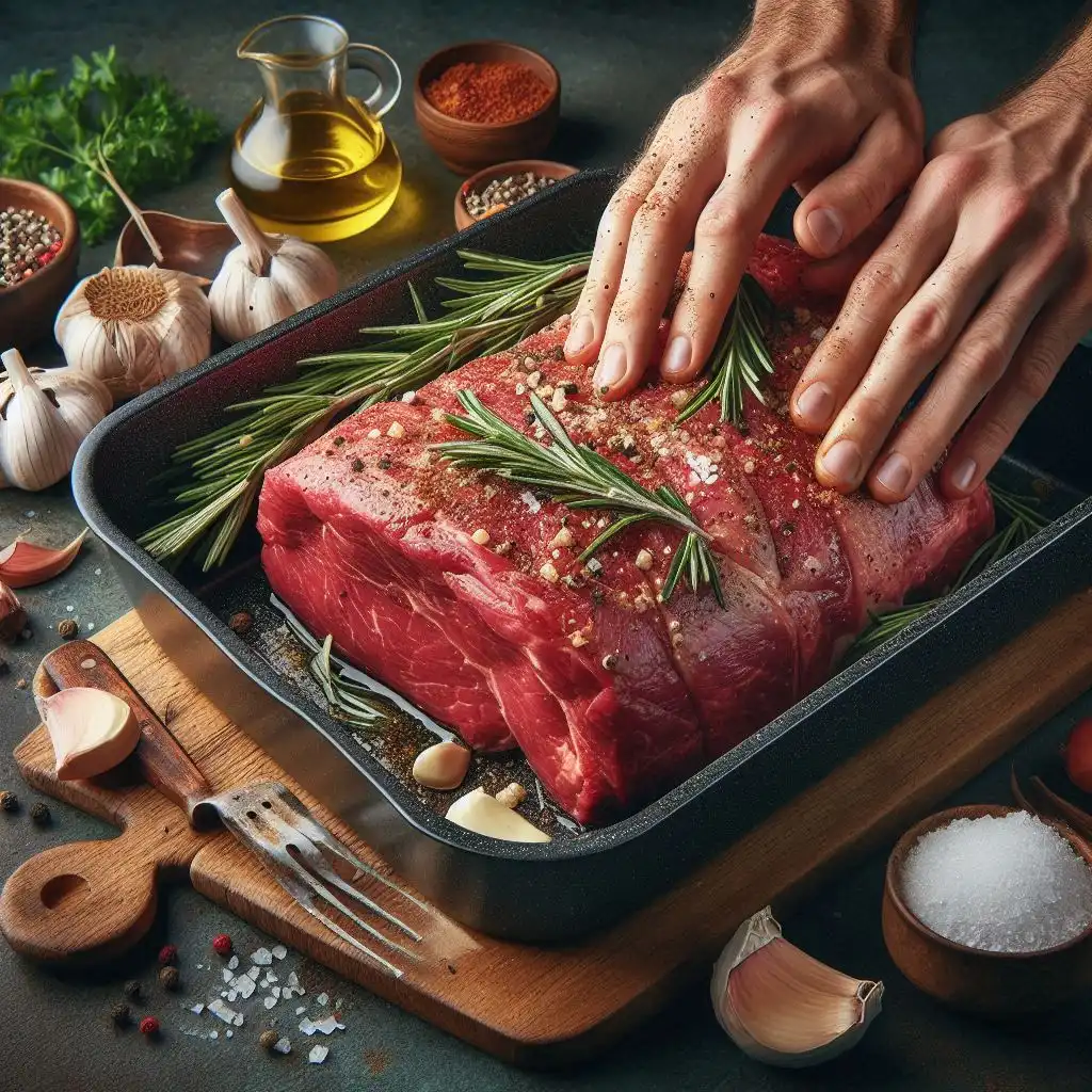 A close-up of hands rubbing seasoning onto a raw beef roast placed in a roasting pan.