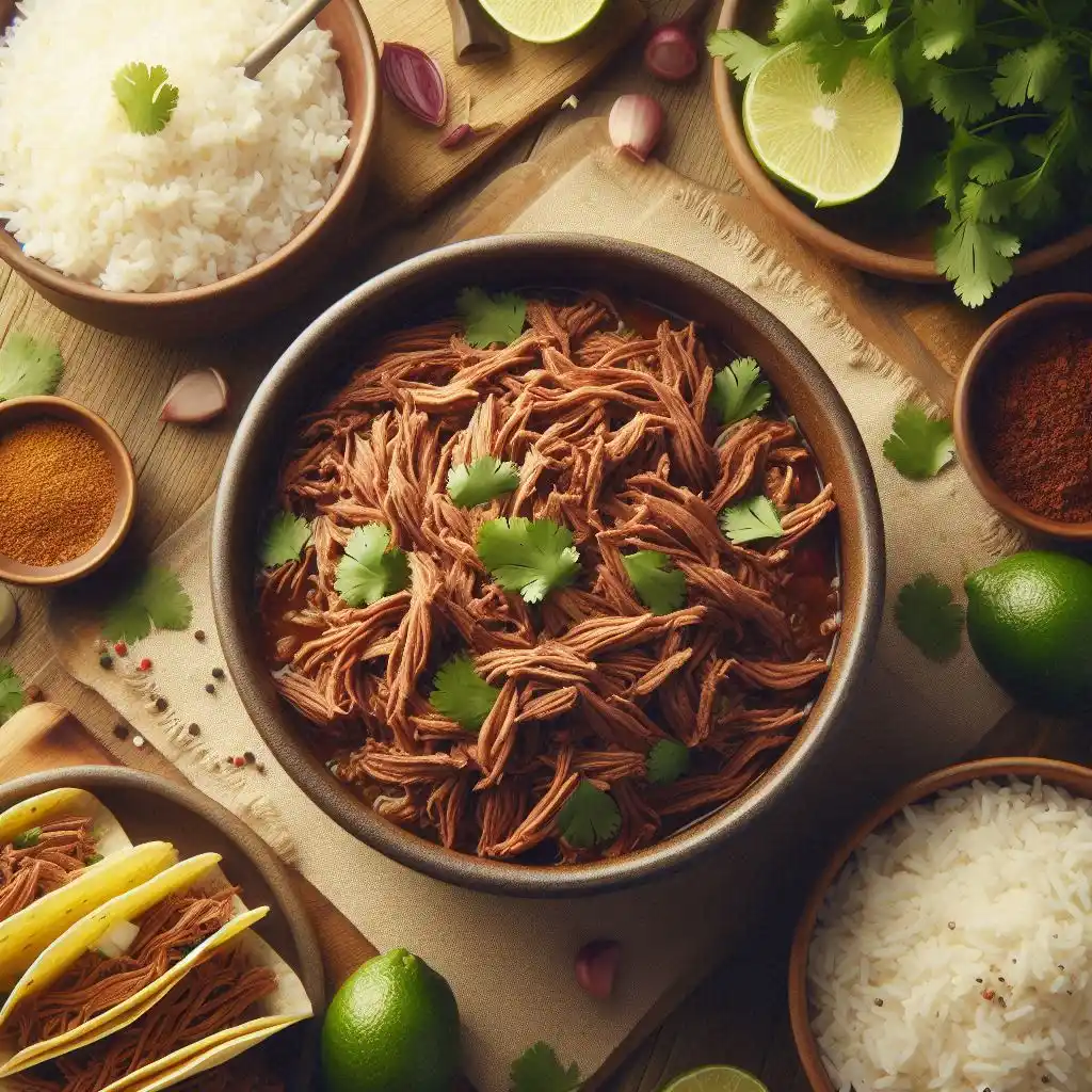 A pot of shredded beef topped with cilantro, served alongside rice and tacos, creating a delicious and inviting family meal setting.