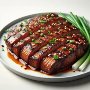 Juicy soy-marinated flank steak with green onion garnish on a white plate