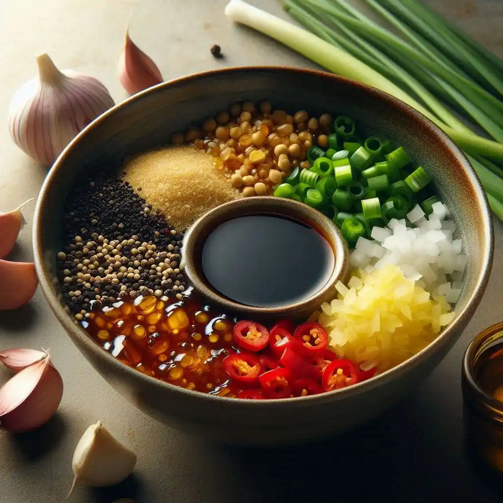 Bowl of mixed soy sauce marinade ingredients, including soy sauce, honey, and spices.