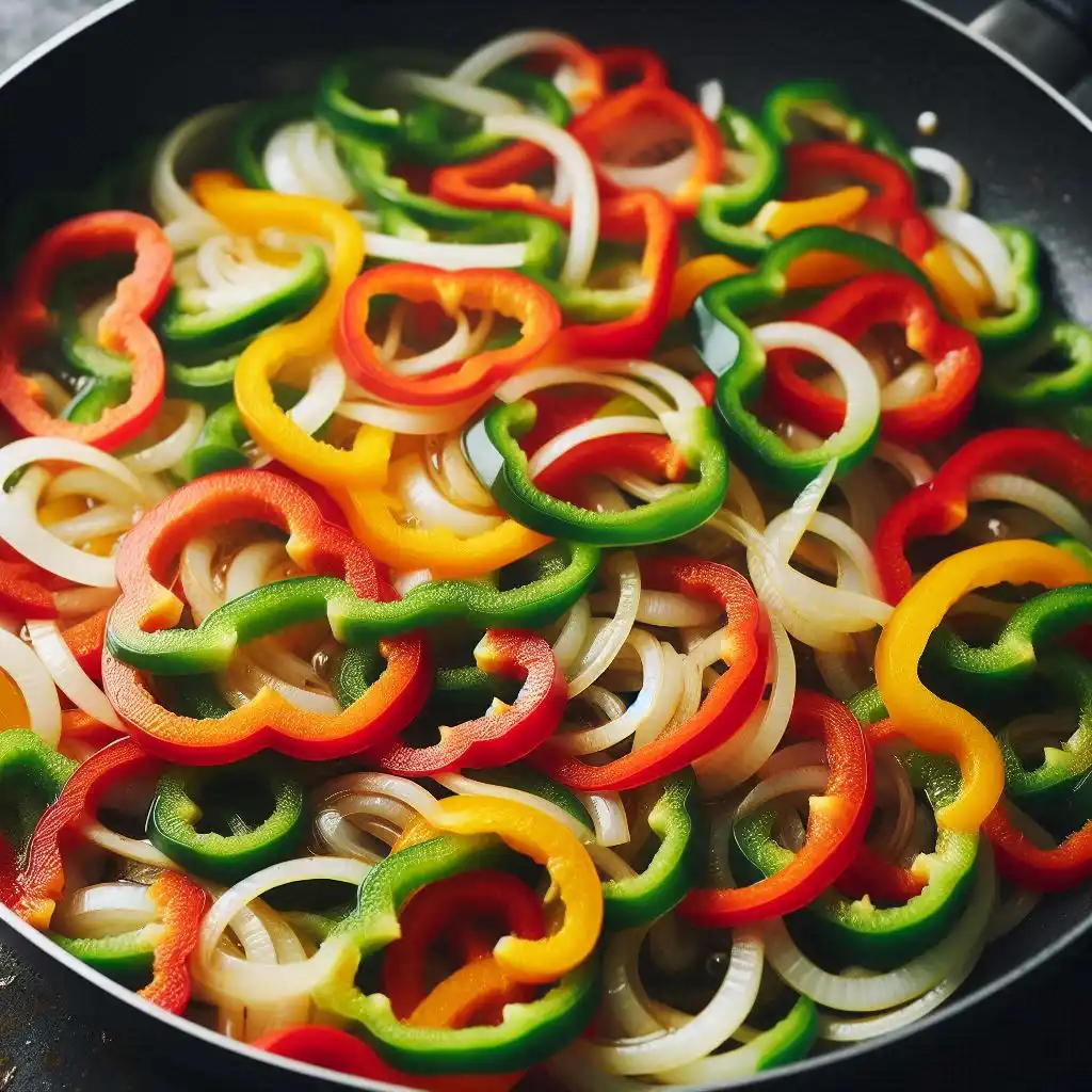 Bell peppers and onions being stir-fried in a skillet