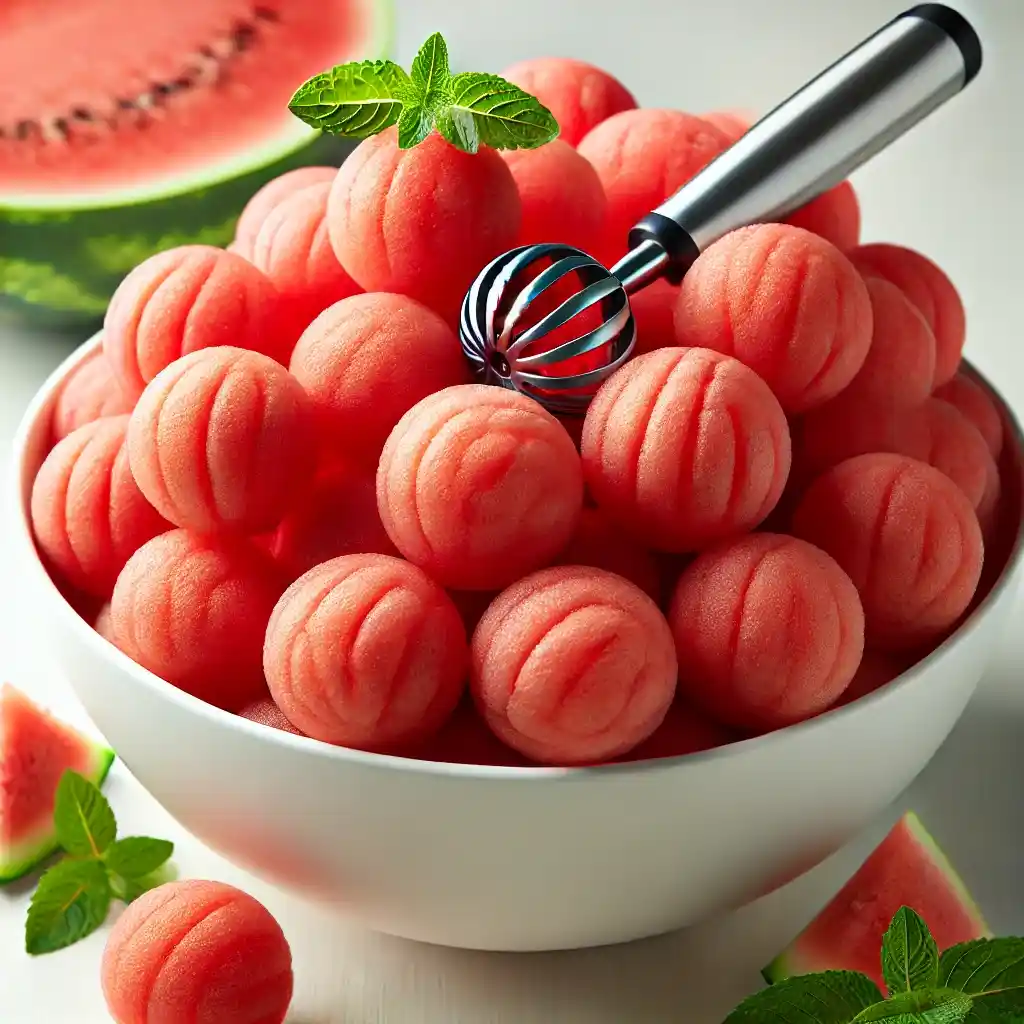 Bowl of round watermelon balls prepared with a melon baller.