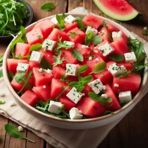 A vibrant Watermelon Salad with Feta Cheese, featuring juicy watermelon balls, crumbled feta, baby arugula, and fresh mint leaves in a shallow bowl.