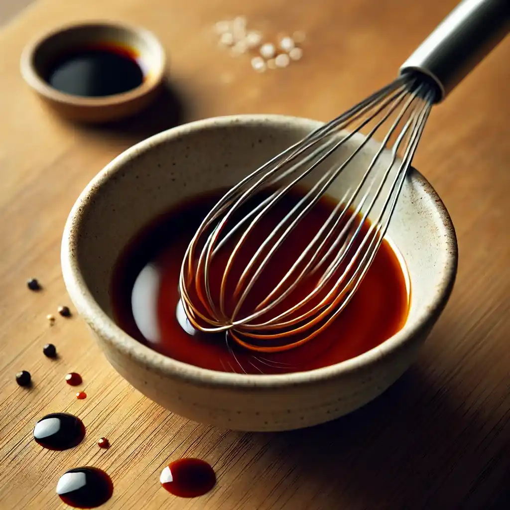 Small bowl with soy sauce, water, and cornstarch mixture being whisked on a wooden counter, ready for stir-fry preparation.