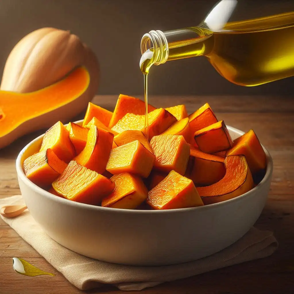 Tender, golden butternut squash drizzled with olive oil and ready for seasoning.