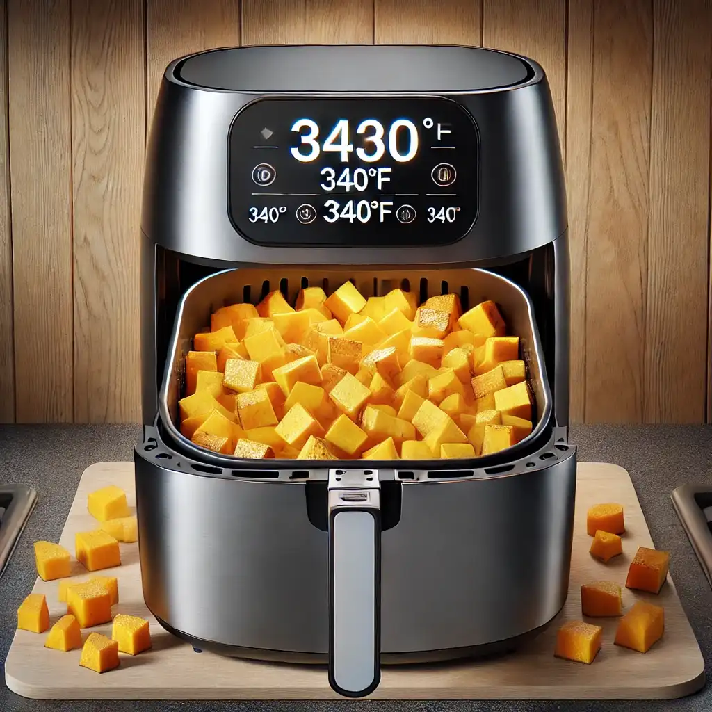 Butternut squash air-frying to golden perfection at 340°F for 20 to 23 minutes with a gentle shake for even cooking.