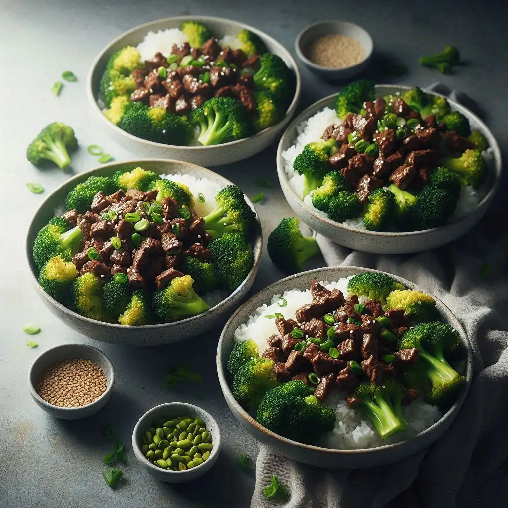 A delicious beef and broccoli stir-fry served in bowls with rice or cauliflower rice, topped with sesame seeds or green onions.