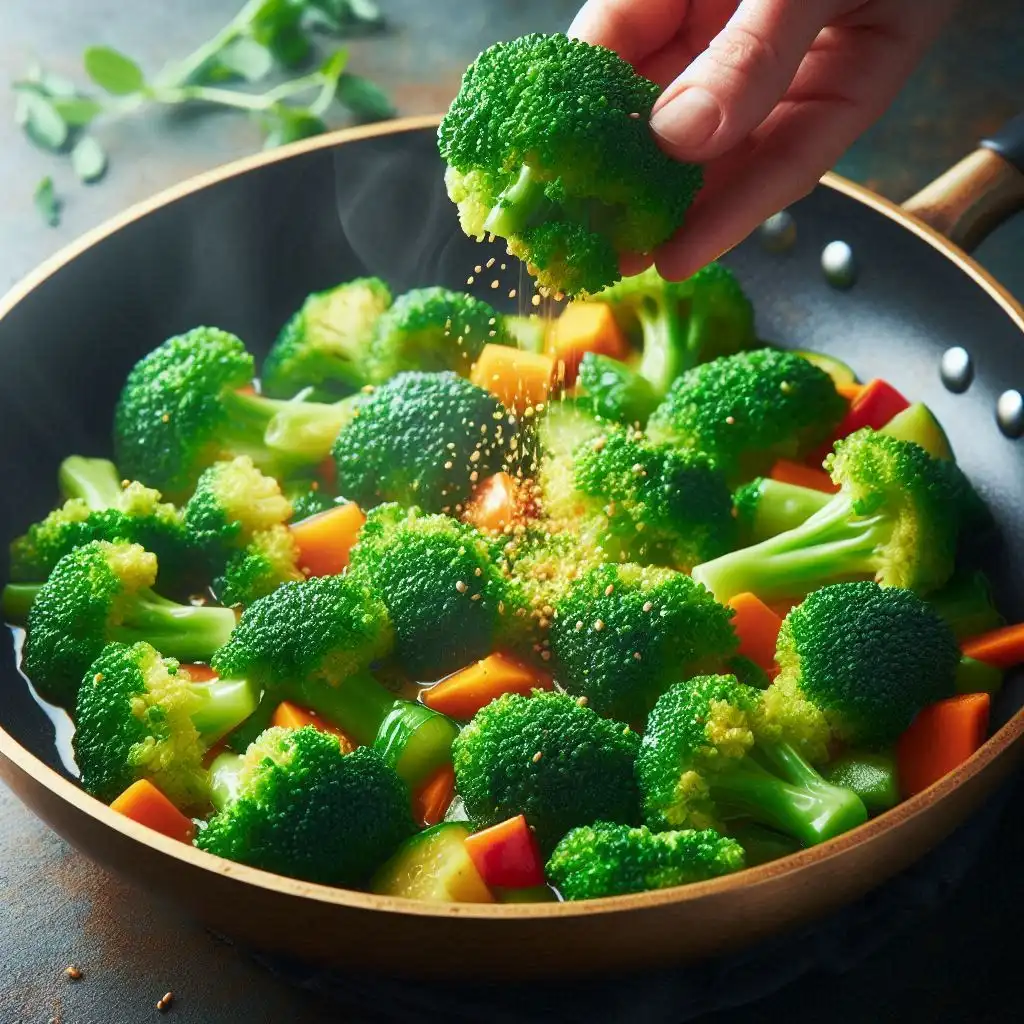 Bright green blanched broccoli added to a hot pan with sautéed vegetables, cooking for one more minute.