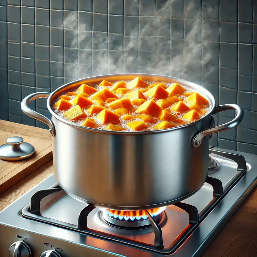 Chunks of squash boiling in a large stainless steel pot with salted water, steam rising, set in a cozy kitchen with a wooden countertop and tiled backsplash.