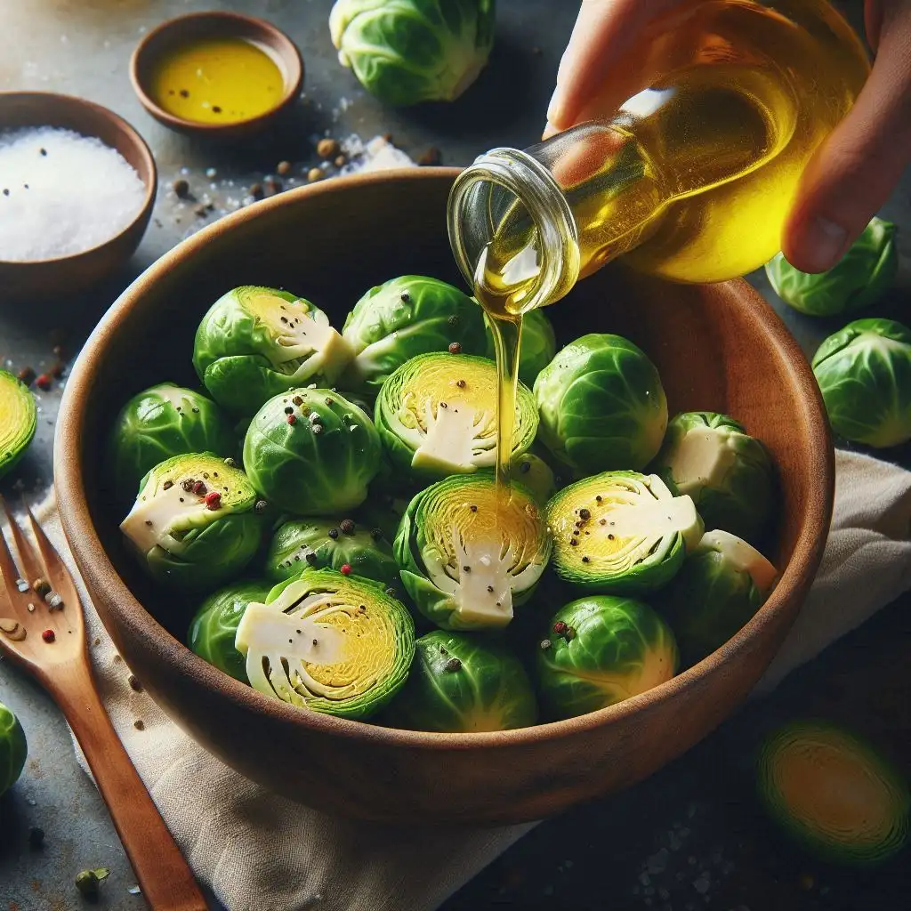 A close-up of Brussels sprouts tossed in olive oil, salt, and pepper, showcasing fresh, vibrant ingredients ready for cooking.