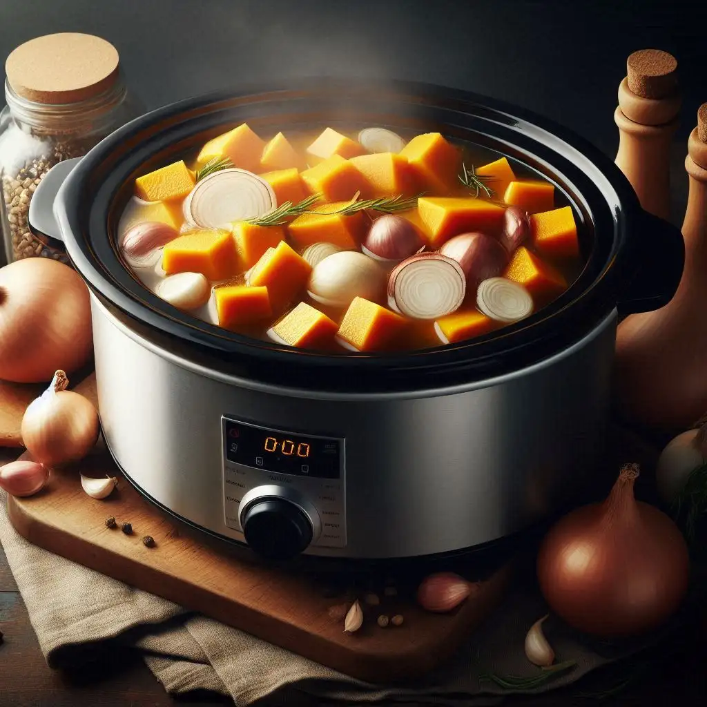 Butternut squash, shallots, and broth in a slow cooker, ready to cook. The ingredients are partially visible, not completely submerged in liquid.