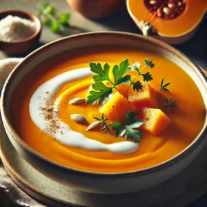 A close-up of creamy butternut squash soup garnished with fresh herbs, coconut milk drizzle, and a sprinkle of nutmeg in a warm bowl.