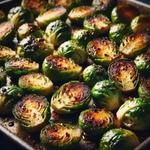 Close-up of crispy, caramelized oven roasted Brussels sprouts with a golden-brown finish and a sprinkle of parmesan.