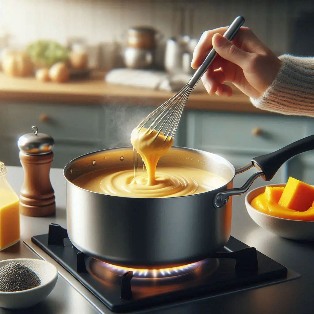 Whisking Gruyere, cheddar, and pureed squash in a saucepan with black pepper and kosher salt in a cozy kitchen setting.