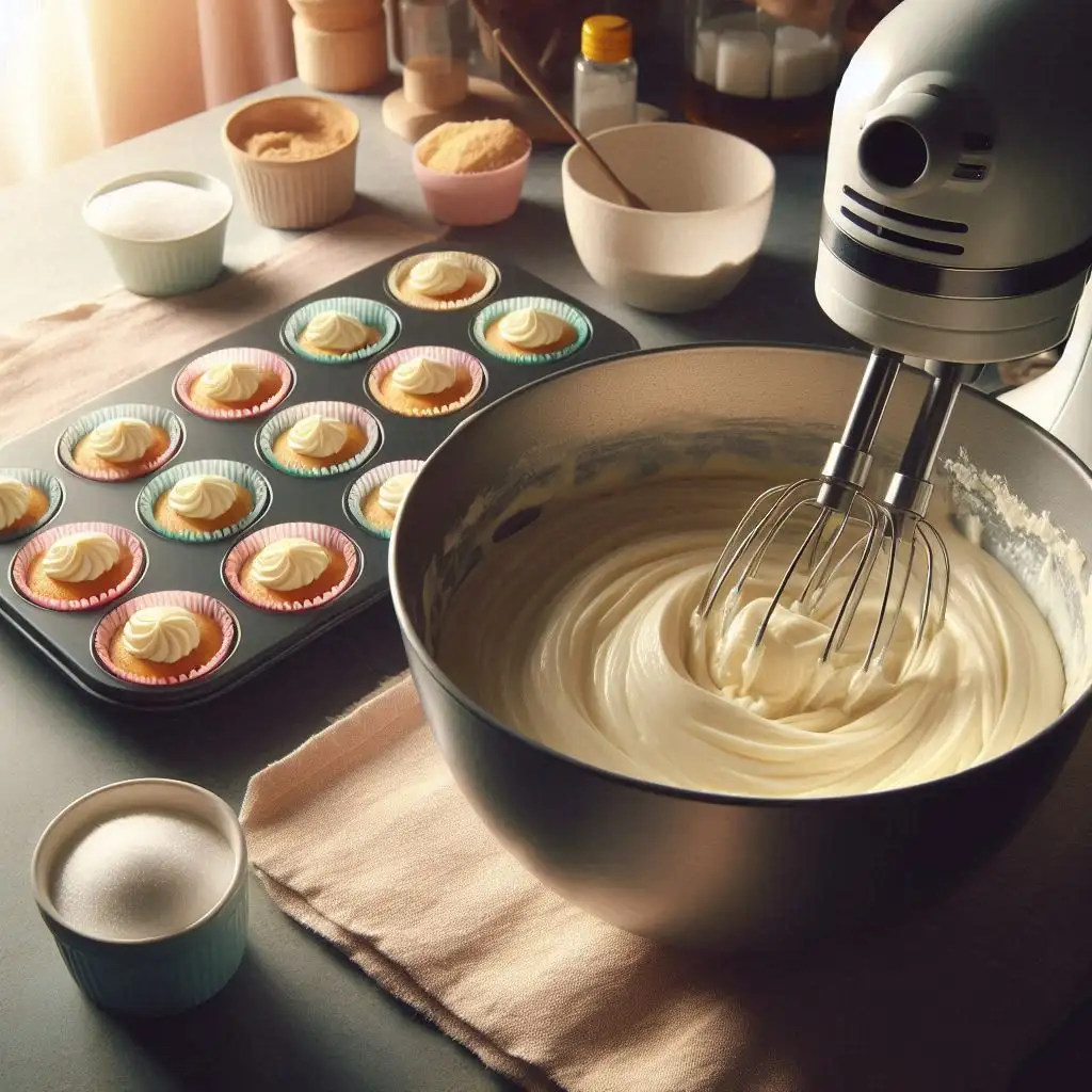 A cozy kitchen scene with a mixing bowl of cream cheese, sugar, and vanilla being beaten with an electric mixer, surrounded by colorful cupcake liners in a tray.