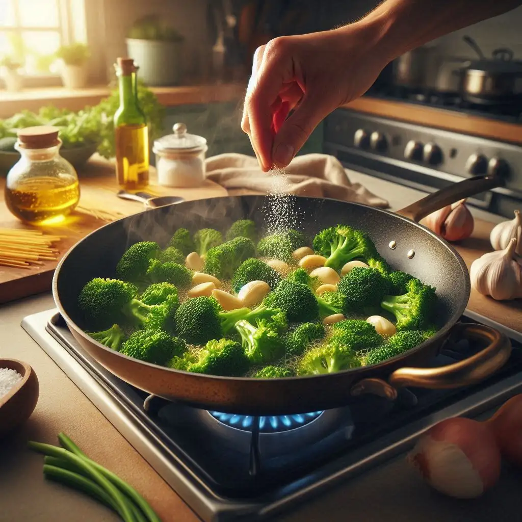 Skillet with broccoli and golden garlic cooking in oil on a stovetop, with a hand adding a pinch of salt, in a cozy kitchen setting.