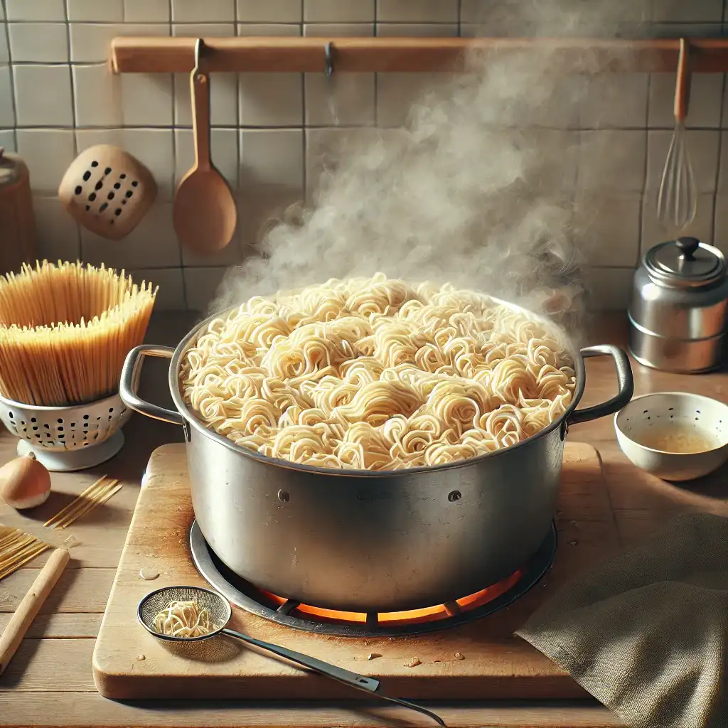 A pot of noodles cooking in salted, boiling water in a cozy kitchen, with steam rising as they reach an al dente texture. A colander is nearby, ready for draining.