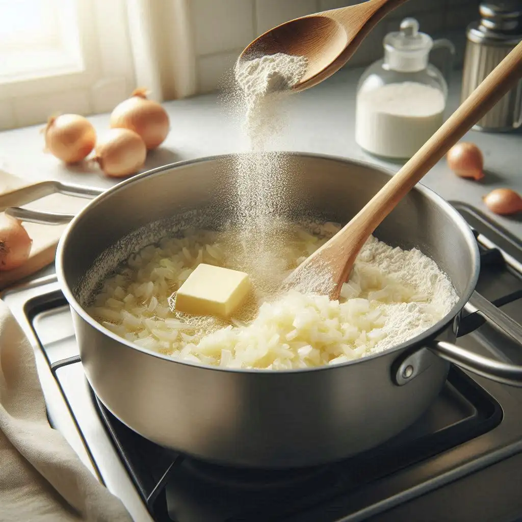 In a medium saucepan, melt the butter over medium heat. Add the minced shallots and sauté for 2 minutes. Sprinkle the flour evenly over the shallots and cook for 1 minute, stirring constantly.