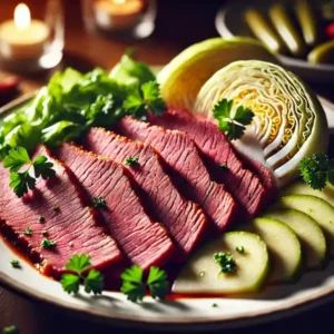 Sliced corned beef served with cabbage wedges, garnished with parsley.