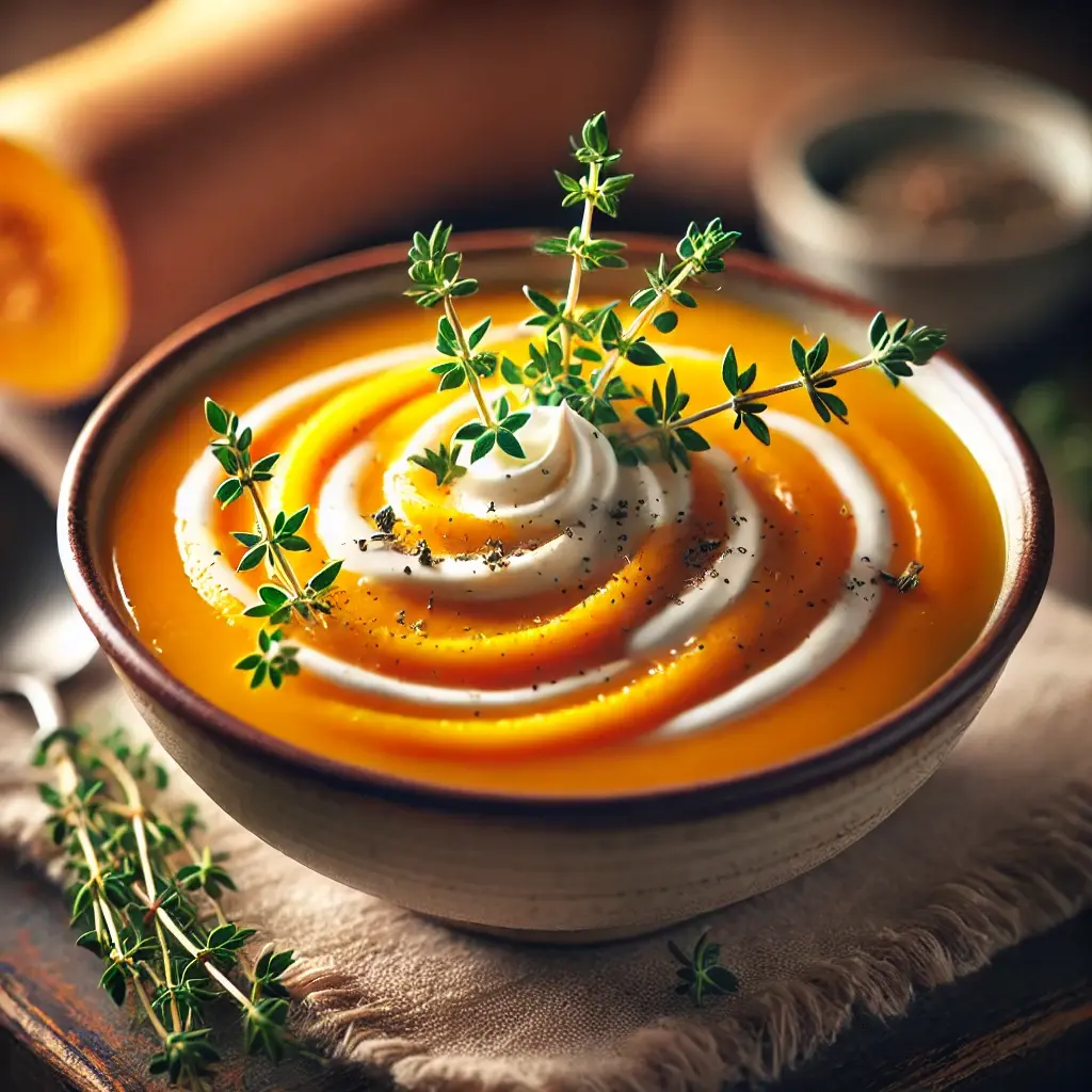 A close-up of creamy Butternut Squash Soup garnished with cream and thyme in a serving bowl.