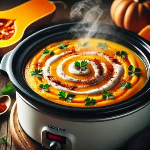 Close-up image of butternut squash soup in a crock pot with cream, paprika, and herb garnish.